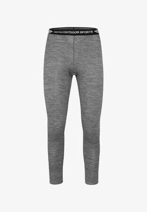 Graue lange Sportleggings mit schwarzem elastischem Bund mit der Aufschrift "normani OUTDOOR SPORTS" vor weißem Hintergrund dargestellt.