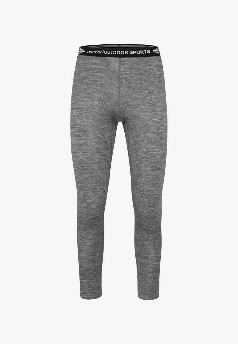 Graue lange Sportleggings mit schwarzem elastischem Bund mit der Aufschrift "normani OUTDOOR SPORTS" vor weißem Hintergrund dargestellt.