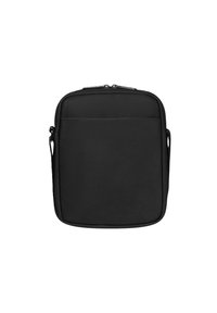 Borsa rettangolare nera realizzata in tessuto resistente. Presenta una chiusura con zip e una tasca frontale. Tracolla regolabile per diverse opzioni di trasporto.