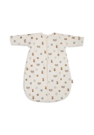 Gigoteuse pour bébé couleur crème à manches longues avec fermeture éclair, décorée de petits visages d’animaux marron, gris et beige, comprenant des ours, des lapins et des éléphants.