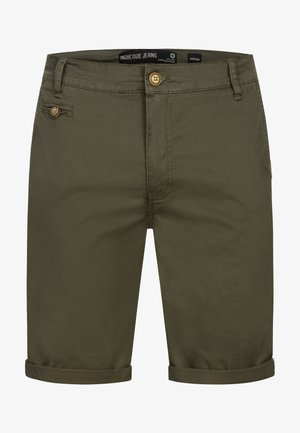 Pantaloni scurți de bărbați până la genunchi de culoare verde măsliniu, cu închidere cu nasture, găici pentru curea, marginile pantalonilor întoarse și un mic buzunar frontal cu detaliu cu nasture.