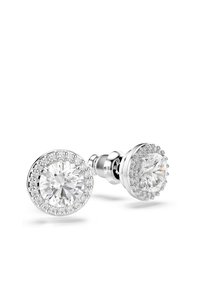 Runde studøredobber med store klare steiner omgitt av små klare krystaller, satt i polert sølvfarget metall.