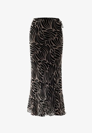 Črna in kremna krilo s potiskom, ki ima tekoč dizajn, izdelano iz lahkega materiala. Ima pas z vrvico in razširjen rob.