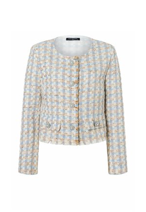 Lichtblauw en beige geruit tweedjack met ronde halslijn, lange mouwen, voorzijde met parelknopen in cluster en kleine voorzakken met knopen.