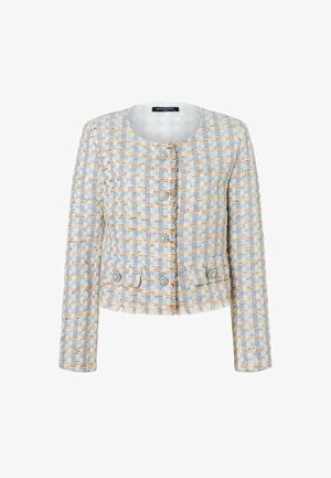 Lichtblauw en beige geruit tweedjack met ronde halslijn, lange mouwen, voorzijde met parelknopen in cluster en kleine voorzakken met knopen.