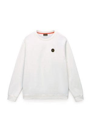 Sweatshirt blanc à manches longues, col rond et col intérieur orange. Présente un petit logo circulaire sombre à l'avant. Texture lisse.
