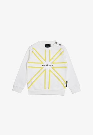 Felpa bianca a maniche lunghe con linee geometriche gialle e nere che formano un motivo a stella e testo "John Richmond" centrato sul davanti.