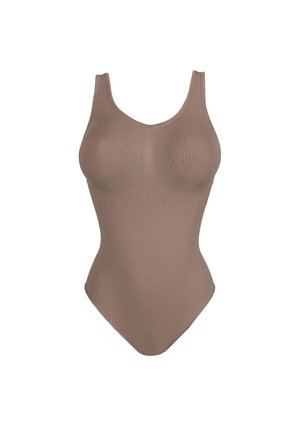 Naadloos bruin shapewear bodypak met brede schouderbanden en gevormde cups, ontworpen voor een soepele contourering.
