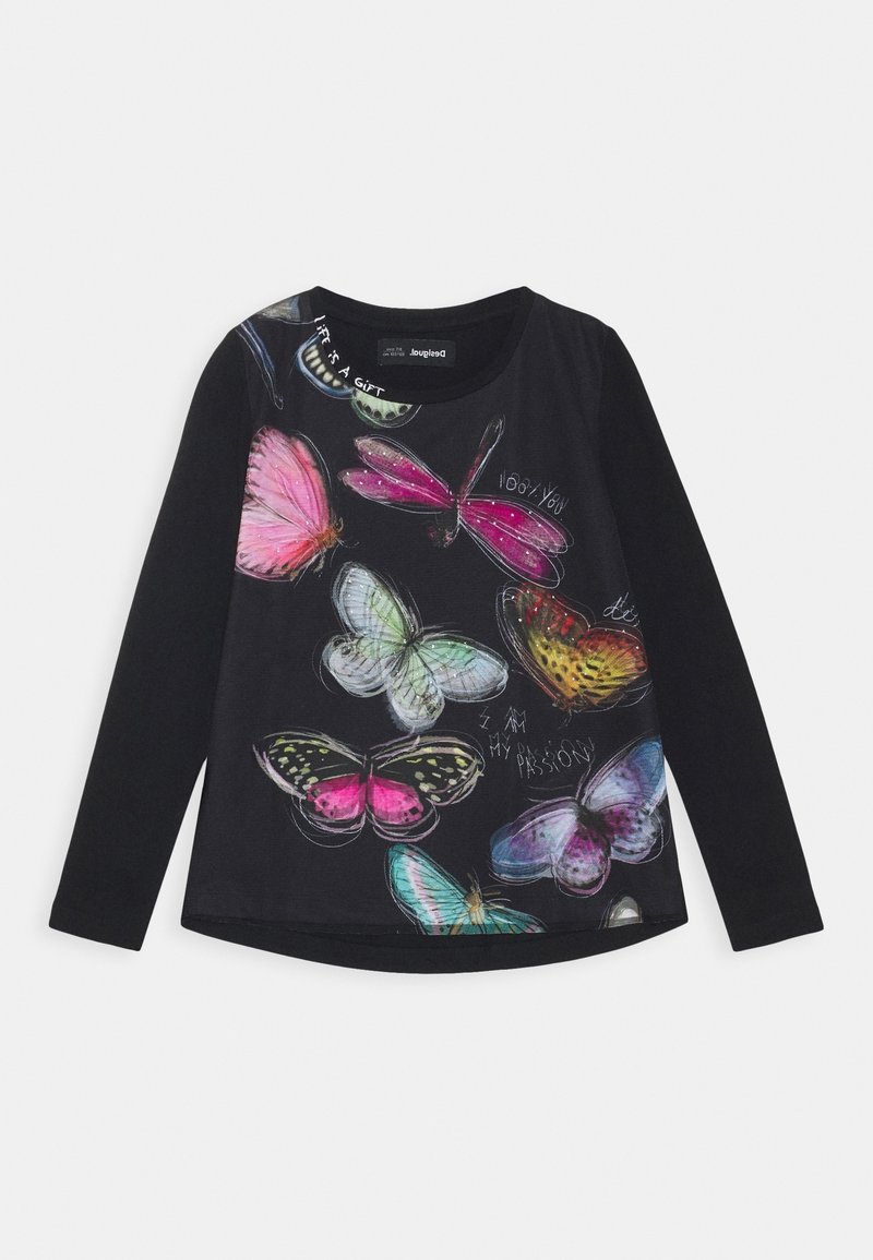 Black long-sleeve shirt featuring colorful butterfly graphics and text. Made of soft fabric, with a rounded neckline and curved hem.