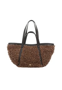 Brown textured tote bag with curly fur-like material on the body and smooth black leather straps; features a gold accent logo.