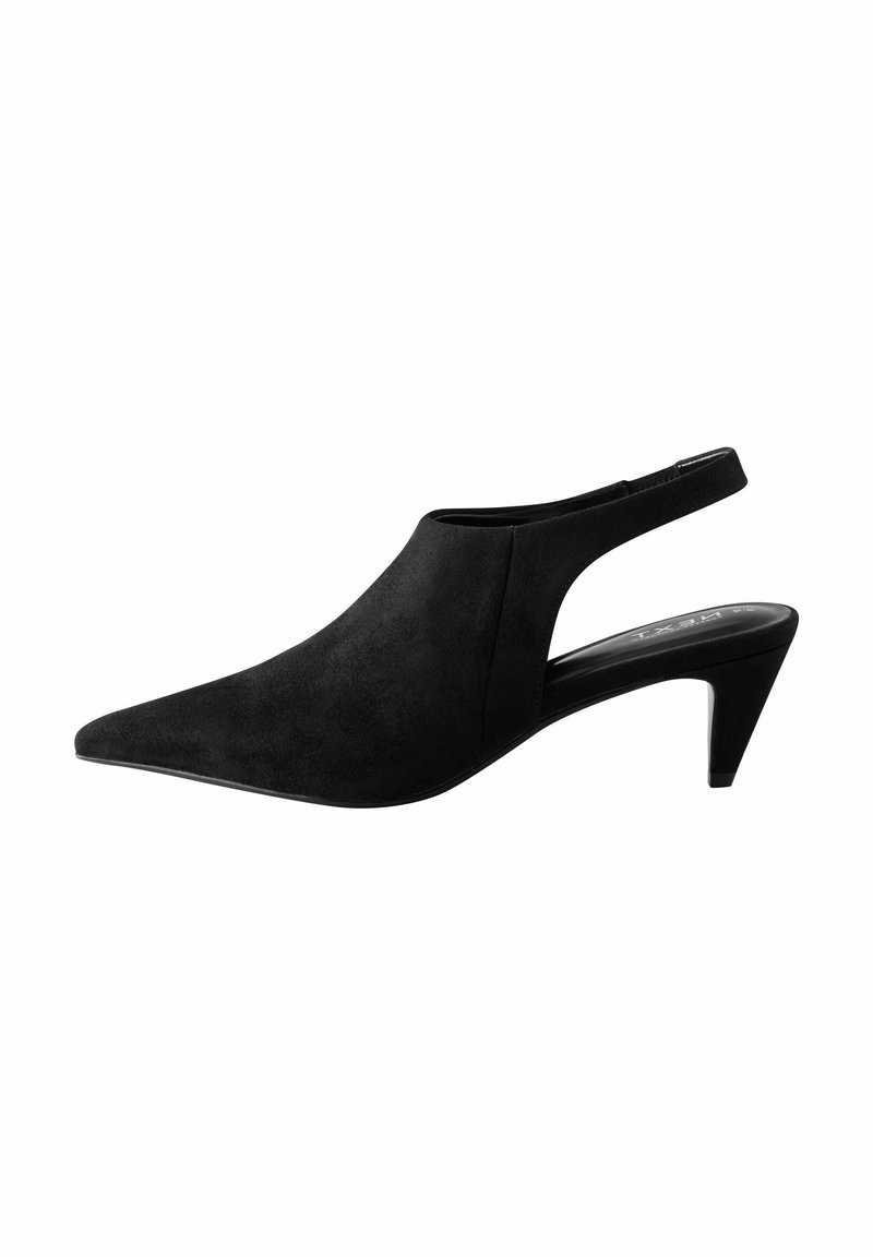 Zapato de tacón tipo slingback negro de ante con punta afilada, tacón stiletto de 4 cm y diseño lateral con cortes para una silueta elegante.