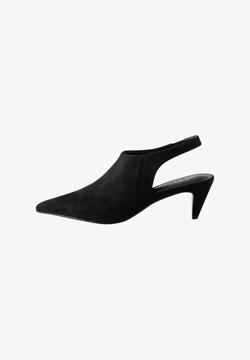 Mustad suede slingback kingad, terava ninaga, 4 cm stilettokontsaga ja lõhikutega külgdisainiga, et saavutada stiilne siluett.