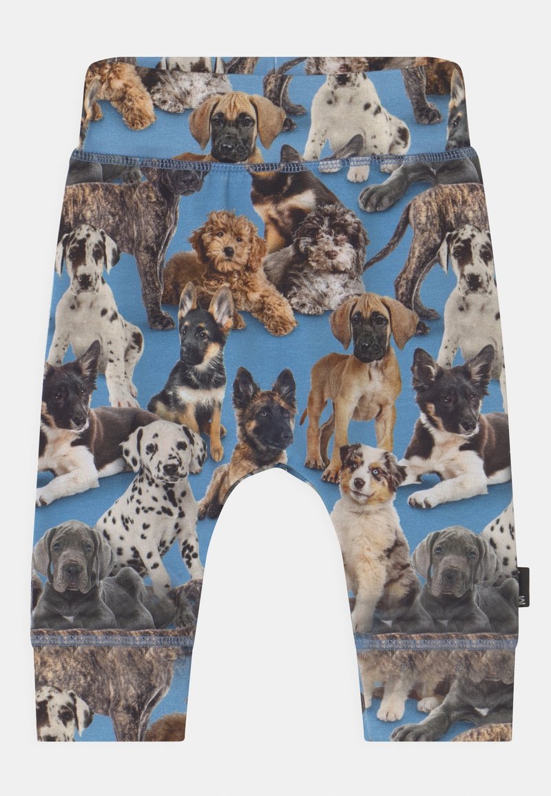 Leggings azules con un collage de diversas razas de perros en múltiples colores y texturas, con una cómoda cinturilla elástica.