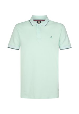 Jasnozielona koszulka polo z bawełny, z kołnierzykiem, dwukolorową listwą z dwoma guzikami i kontrastowym obszyciem na rękawach. Małe logo na piersi.
