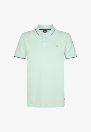 Jasnozielona koszulka polo z bawełny, z kołnierzykiem, dwukolorową listwą z dwoma guzikami i kontrastowym obszyciem na rękawach. Małe logo na piersi.