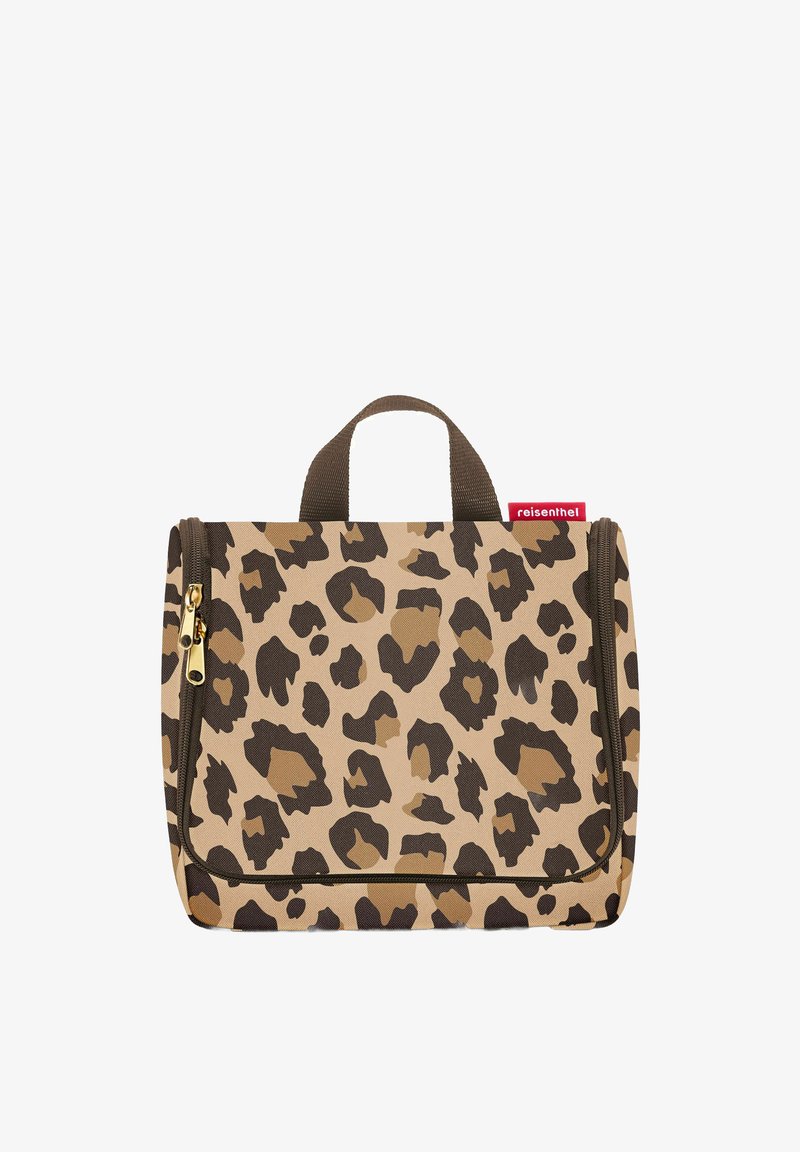 Leopard-patterned toiletry bag with a zip closure, made of durable fabric. Features a brown handle and is beige with dark brown spots.