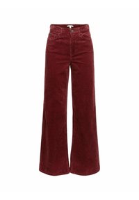 Pantalon taille haute à jambes larges en velours côtelé rouge foncé, avec poches avant, passants de ceinture et fermeture à bouton métallique.