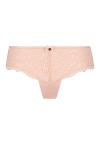 Bikini-Unterwäsche aus zartem Blush-Pink. Verziert mit einem Blumen-Spitzenbesatz, einem Satin-Schleifenakzent an der Vorderseite und nahtlosem Material.