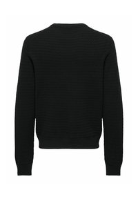Pull noir à manches longues en tricot avec motif texturé, poignets et bas côtelés, vu de dos sur fond blanc.