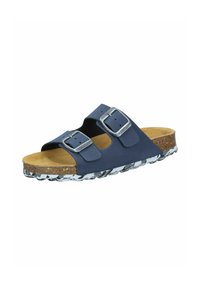 Blue slide sandal with two adjustable straps, silver buckles, cork footbed, and patterned sole. Made of rubber with a textured finish.