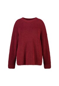 Pull rouge en tricot avec une texture douce et duveteuse. Doté d'un col rond et de manches longues, conçu pour une coupe décontractée.