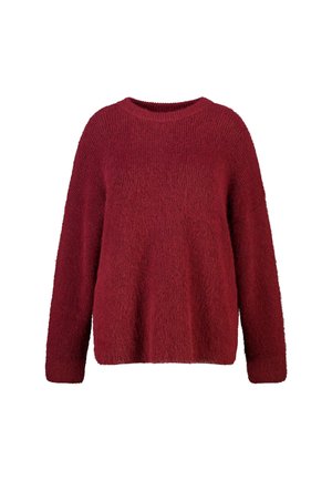 Pull rouge en tricot avec une texture douce et duveteuse. Doté d'un col rond et de manches longues, conçu pour une coupe décontractée.