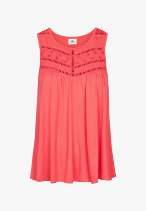 Koralfarvet ærmeløs top med broderede detaljer over brystet, løs pasform, blødt materiale og rund halsudskæring.