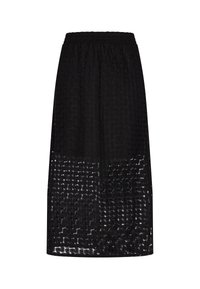 Schwarze Midilänge-Rock mit strukturiertem Muster, elastischem Bund und halb transparenter Stoff, der ein geschichtetes Aussehen erzeugt.