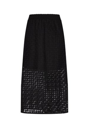 Čierna sukňa strednej dĺžky s textúrovaným vzorom, elastickým pásom a polopriehľadnou látkou, ktorá vytvára vrstvený vzhľad.