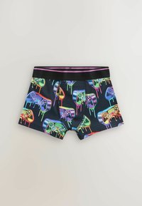 Schwarze Boxershorts mit einem mehrfarbigen Muster von Videospielcontrollern, die mit tropfenden Farbeffekten verziert sind. Elastischer Bund mit lila Streifen.