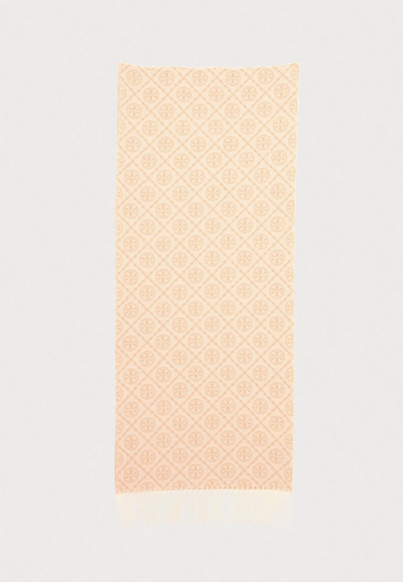 Perzikgepatroniseerde sjaal met franjes, met een herhalend geometrisch ontwerp en subtiele textuur, gemaakt van zachte stof.