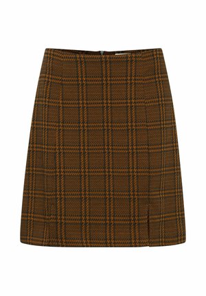 Brown plaid mini skirt with a fitted shape. Fabric features a textured pattern with hints of orange and black. Includes a back zipper.