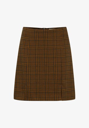 Brown plaid mini skirt with a fitted shape. Fabric features a textured pattern with hints of orange and black. Includes a back zipper.