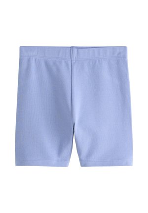 Lichtblauwe rekbare korte broek met elastische tailleband, van achteren getoond op een witte achtergrond.