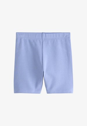 Lichtblauwe rekbare korte broek met elastische tailleband, van achteren getoond op een witte achtergrond.