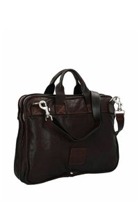 Cartella in pelle marrone scuro con doppi manici superiori, tracolla rimovibile, chiusure a zip e superficie texture. Presenta dettagli in metallo.