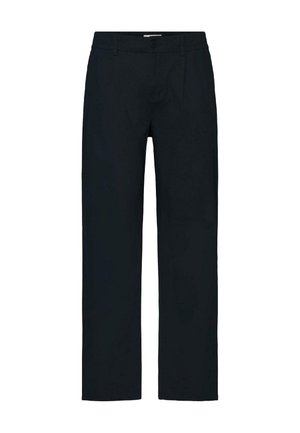 Pantalones negros de corte recto con cierre de botón y cremallera, presillas para cinturón y bolsillos laterales, exhibidos sobre fondo blanco.