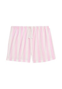 Roze en wit gestreepte katoenen shorts met een elastische tailleband en een trekkoord. Rechte snit met zijzakken. Zachte textuur.