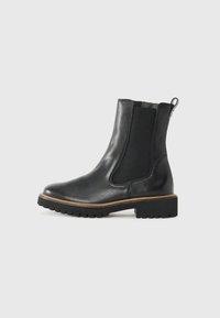 Botine Chelsea din piele neagră, cu panouri laterale elastice, o bandă de prindere, talpă din cauciuc rezistentă și o margine maronie contrastantă în jurul bazei.