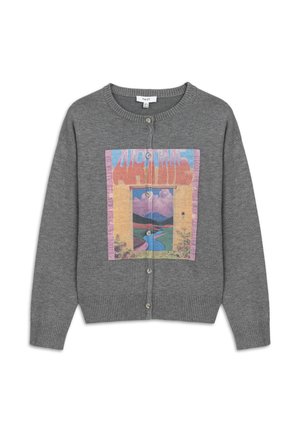 Cardigan gris avec un col rond et une fermeture à boutons. Présente un design graphique coloré sur le devant représentant des montagnes et un paysage.