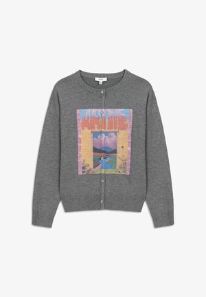 Gray cardigan with a round neckline and button closure. Features a colorful graphic design on the front depicting mountains and a landscape.