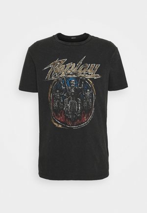T-shirt en coton noir avec un design graphique multicolore représentant des têtes de mort et des motos, agrémenté du nom de la marque "Replay" en lettres dorées.