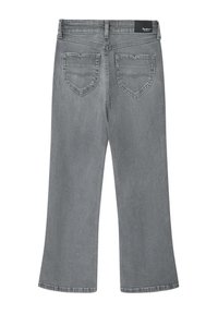Jeans acampanados de mezclilla gris con cintura alta, que cuentan con dos bolsillos traseros con un diseño único en forma de corazón y dobladillo deshilachado.