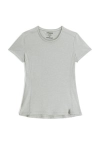 Helles graues T-Shirt mit kurzen Ärmeln aus weichem, atmungsaktivem Material. Verfügt über einen Rundhalsausschnitt und dezente Seitennaht-Akzente.