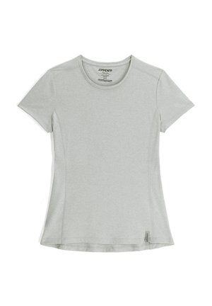 T-shirt gris clair à manches courtes en matériau doux et respirant. Présente un col ras du cou et des accents discrets sur les coutures latérales.