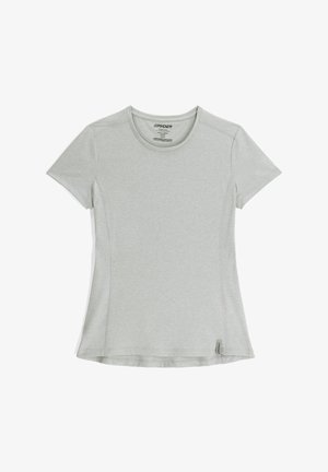 T-shirt gris clair à manches courtes en matériau doux et respirant. Présente un col ras du cou et des accents discrets sur les coutures latérales.