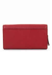 Red leather wallet with a pebbled texture, rectangular shape, and a simple design. Features a discreet zipper pull on the side.