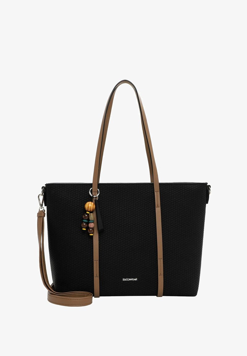 Sac fourre-tout noir texturé avec poignées marron et bandoulière amovible, décoré d'un porte-clés orné de perles en bois.