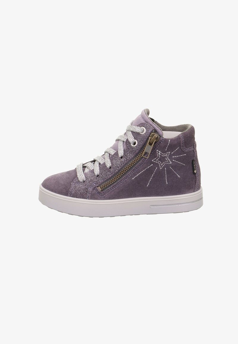 Paarse suède high-top sneakers met zilveren veters, zijrits en sterborduursel. Voorzien van een witte rubberen zool en een gestructureerde bovenkant.