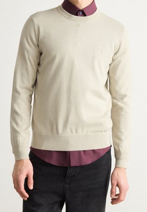 Mand iført beige crewneck sweater over en mørkerød skjorte med knapper og sorte bukser, stående mod en lys, ensartet baggrund.